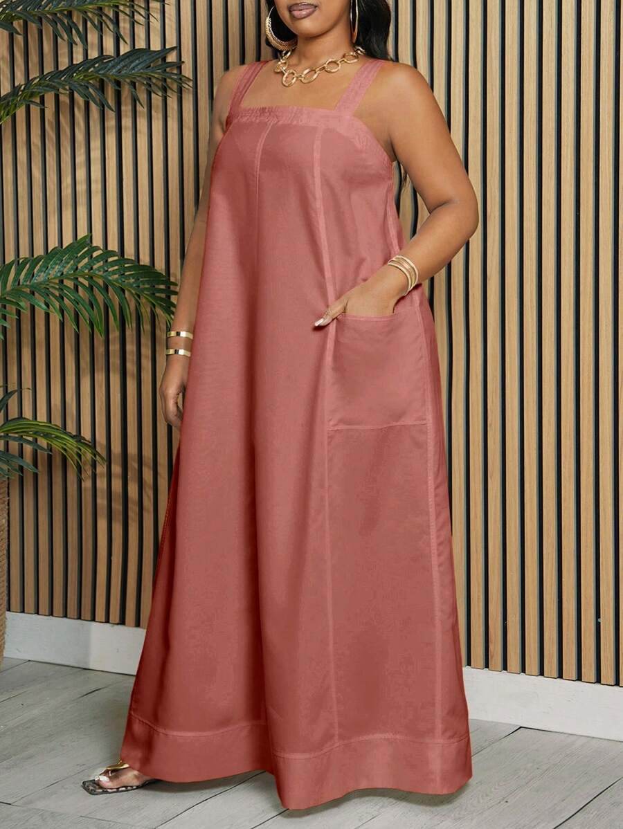 Slaydiva Vestido largo fluido y suelto de línea A con bolsillos, sin mangas, de color blanco sólido, elegante y casual, para vacaciones, para mujeres de talla grande, para primavera/verano - Color caoba - Ver 1