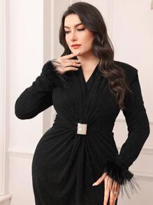 Modelyn 大码纯色修身长袖连衣裙，休闲时尚，适合日常穿着，长款晚礼服 - 黑色 - 查看 1