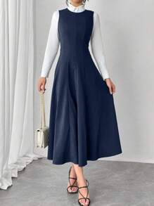 Chiquease Sleeveless A-Line Waist Cinched Round Neck Casual Midi Dress, Daily Versatile