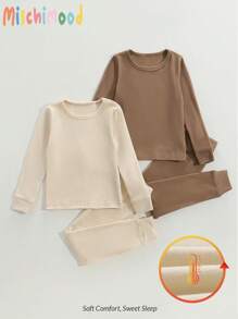 Young Boys Solid Color Splice Cuff And Hem Long Sleeve And Pants Fleece 2 Pieces Pajama Set - Multicolor - View 1