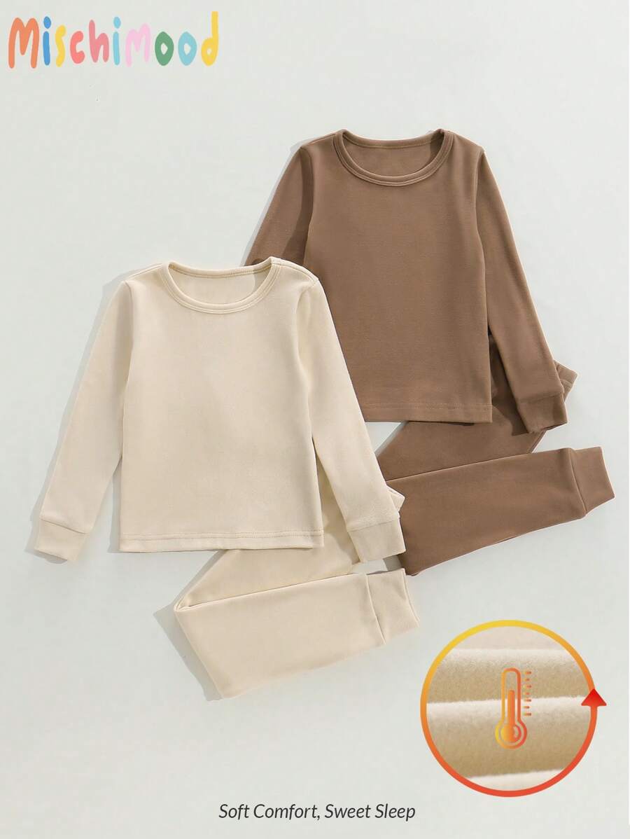 Young Boys Solid Color Splice Cuff And Hem Long Sleeve And Pants Fleece 2 Pieces Pajama Set - Multicolor - View 1