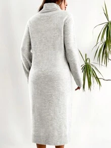 EURMUSE Damen einfarbiges Strickkleid mit Rollkragen und Langarm für Lässig, Herbst/Winter - Weiss - Übersicht 2