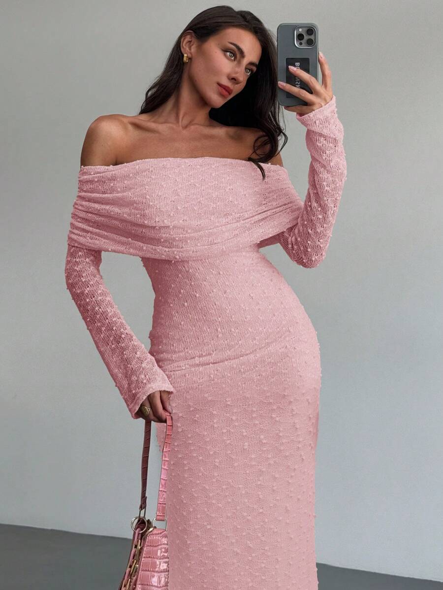 Aloruh Váy vải xếp ly tay dài bó sát trễ vai màu mơ cho nữ, thích hợp cho buổi hẹn hò lãng mạn, ngày lễ - Hồng - Xem 1