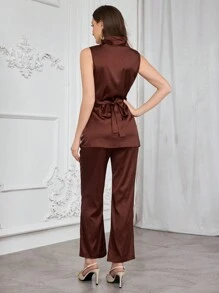 Modelyn 2pcs Women Solid Color Deep V-Neck Sleeveless Blouse And Flare Pants Set, Elegant 2 Pieces Set - Brown - View 2