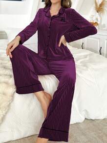 Conjunto de pijama de mujer de terciopelo suave y esponjoso con decoración de lazo, ropa de otoño e invierno, acogedor - Morado - Ver 4