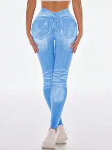 Core Rhythm Quần legging tập yoga in họa tiết denim cho nữ - Màu xanh lam - Xem 3