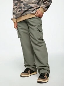 SHEIN Tween Boy Casual Loose Solid Color Cargo Pants, Suitable For Kids Everyday Wear, School, Gatherings, Skateboarding, And Playing - Army Green - View 5