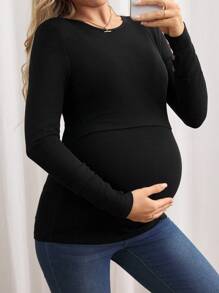 SHEIN Solid Color Long Sleeve Casual Round Neck Fitted Maternity Nursing T-Shirt