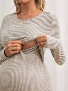 SHEIN Maternity Nursing Detail Mock Neck Ribbed Knit Bodycon Dress - Apricot - View 4