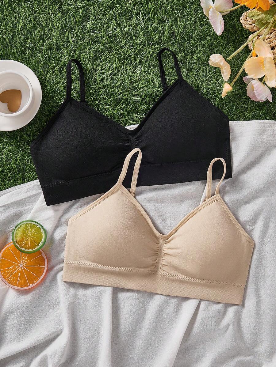 SHEIN 2pcs/Set Teen Girl Simple Comfortable Ruched Padded Adjustable Straps Gather Back Support Bra Set