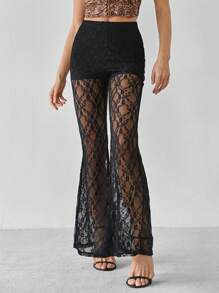 SHEIN Tall Resort Knitted Lace High Waisted Flared Women's Trousers