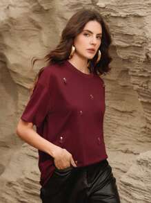 Anewsta Women's Solid Color Woven Long Sleeve Casual & Resort T-Shirt, Spring - Burgundy - View 5