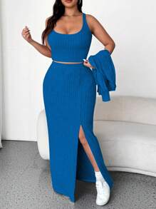 Flirla 3pcs/Set Women Plus Size Solid Color Striped Cardigan, Camisole And Skirt - Blue - View 4