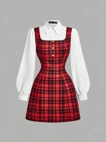 SHEIN MOD 格子拼布撞色女式迷你连衣裙、新年服装、格子女装、节日服装、新年派对女装、新年前夜连衣裙 - 紅色和黑色 - 查看 1