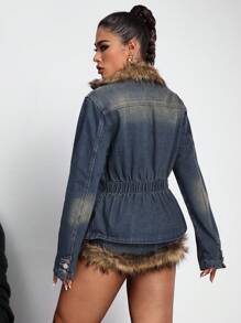 SHEIN ICON Women Fuzzy Panel Long Sleeve Pocket Casual Denim Jacket - Blue - View 2