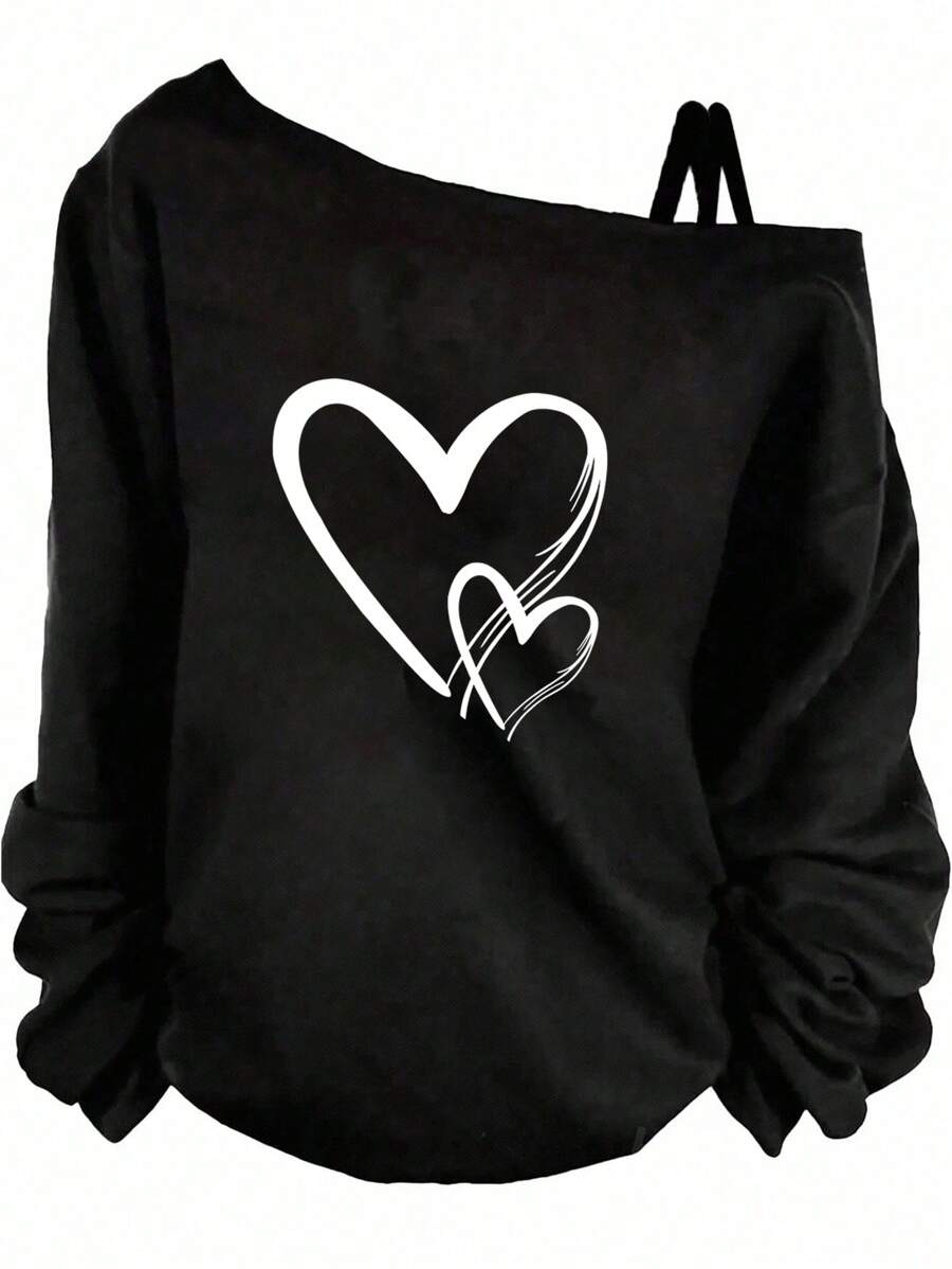 SHEIN LUNE Áo thun nữ tay dài lệch vai phong cách thường ngày, thích hợp cho mùa thu và mùa đông. - màu đen - Xem 1