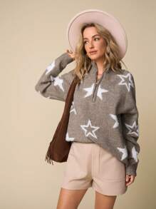 SHEIN LUNE Women's Half Zipper Long Sleeve Sweater Top With Pentagram Detail Knit Pullover Fall Winter - Mocha Brown - View 5