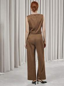 SHEIN Privé 2pcs Women Autumn Solid Color Faux Suede Vest Jacket And Pants Casual Suit - Brown - View 2