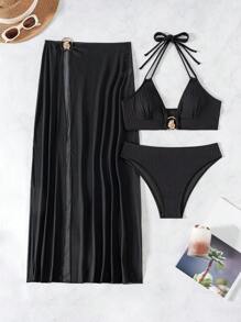 3pcs/Set Women Solid Color Tie Halter Bikini With Metal Buckle And See-Through Backless Skirt, Sexy Summer - Black - View 3