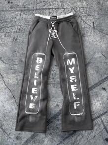 Manfinity EMRG Men's Streetwear INS Faux Retro Distressed Letter Pattern Gray Sweatpants, Fall And Winter Going Out Long Casual Baggy Sweatpants, For Husband, Boyfriend Gifts, For Rave