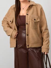 SHEIN Cottnline Fleece Jacket With Button And Pocket Details - Camel - View 3