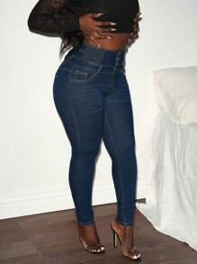 Slaydiva Women's Front Button Pocket Simple Denim Jeans, Casual Daily Wear - Blue - View 4