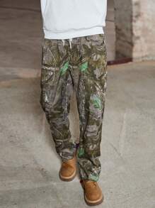 PAVTROS Manfinity Streetrush Men's Minimalist Full-Print Front Tie Pocket Long Pants, Casual For Daily Wear - Army Green - View 4