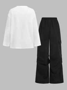 SHEIN Girlism Teen Girl's 2 Pieces/Set Spring, Autumn, Leisure Sports, Street Fashion Character Print 3D Oversized Off-Shoulder Long-Sleeved T-Shirt And Overalls, Wide-Leg Pants, Trousers