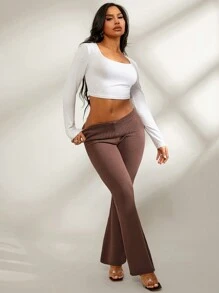 SHEIN SXY 简约百搭年轻女士紧身褶皱喇叭低腰超长针织裤套装，适合通勤、居家、休闲外出 - 棕色 - 查看 3