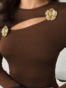 Firerie 女士优雅镂空玫瑰金属装饰长袖修身黑色 T 恤，秋季时尚 - 咖啡棕 - 查看 3