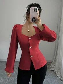 Elenzga 女士纯色方领褶皱泡泡袖优雅长袖衬衫 - 紅色 - 查看 5