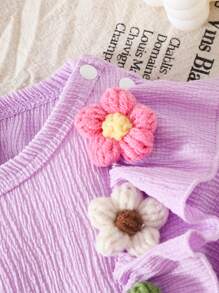 SHEIN BABYGIRL Autumn/Spring Purple Romper With Funny Multi-Color Floral Decoration, Single Side Ruffle Hem, Daily Wear Essential