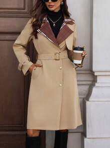 SHEIN Clasi Abrigo de gabardina para mujer con cintura entallada y cuello de cuadros, minimalista - Caqui - Ver 7