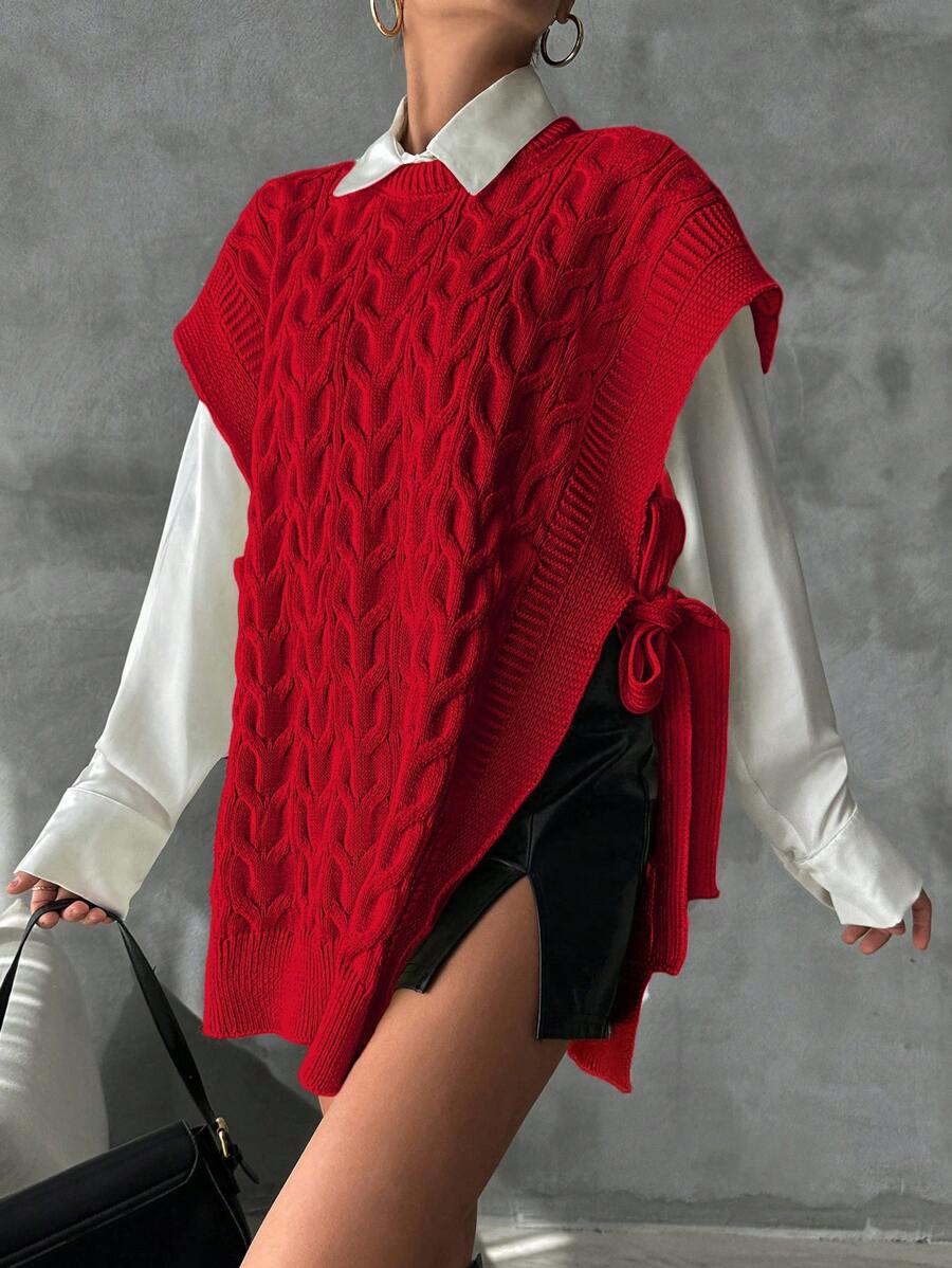 EURMUSE Women's Casual Solid Color Loose Knitted Sweater Vest For Spring And Autumn - Burgundy - View 1