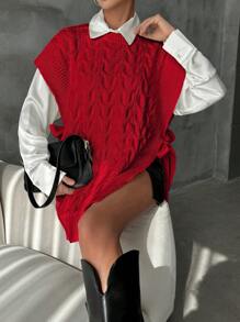 EURMUSE Women's Casual Solid Color Loose Knitted Sweater Vest For Spring And Autumn - Burgundy - View 3