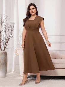 Modelyn Đầm dự tiệc cổ vuông tay ngắn cỡ lớn màu đỏ tía thanh lịch - Cà phê nâu - Xem 5