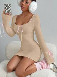 SHEIN Unity 女士时尚蝴蝶结修身毛衣裙 - 杏色 - 查看 6