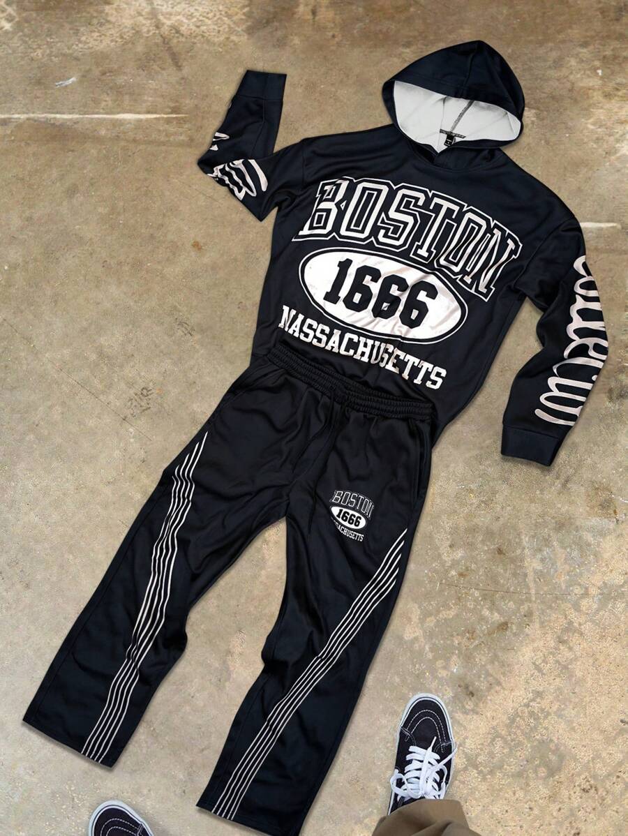 Manfinity Campus Court Aesthetic Post--Men's Letter Print Hoodie And Loose Sweatpants Casual Tracksuit Set - Black - View 1