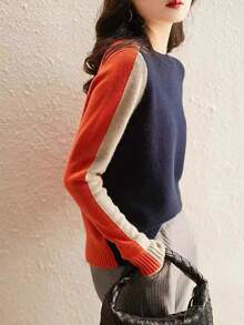 Women's Plain Color Block Crew Neck Long Sleeve Casual Top, Everyday Wear - Navy Blue - View 2
