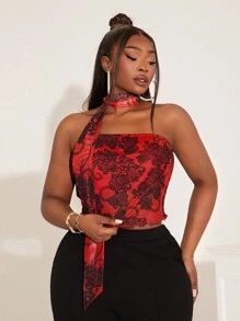 SHEIN SXY Plus Size Women's Black & Red Contrast Color Textured Print Mesh Crop Top (With Necktie) - Red - View 4
