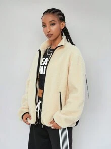 SHEIN EZwear Women's Fall/Winter Basic Date Night Sherpa Fleece Color-Blocked Coat - Beige - View 5
