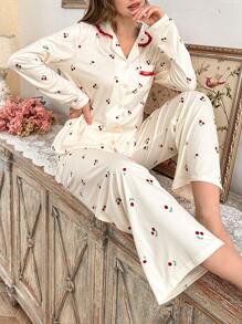 CottageSlumber CottageSlumber 2pcs/Set Women Contrast Color Lace Trim Collar Button Front Cardigan And Cherry Print Long Pants Pajama Set