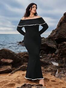 SHEIN VCAY Plus Size Off Shoulder Sheath Dress, Solid Color With Contrast Trim