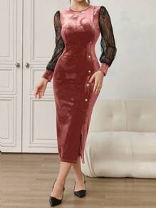 Modelyn Women Fitted Lace & Mesh Splice Long Sleeve Slit Dress Long Evening Dresses Fall Cloth For Women