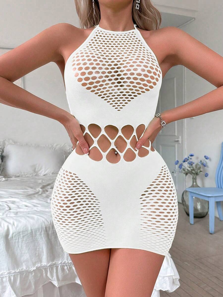 1pc Women Neon Lingerie Hollow Out Mesh Dress For Going Out - fluorescent green - View 1