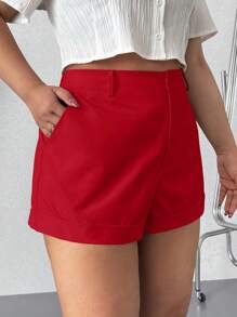SHEIN EZwear 大码纯色前扣口袋简约短裤，休闲日常穿着 - 紅色 - 查看 9