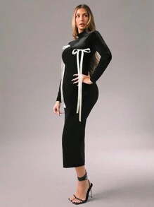 Zolique Damen Einfarbiges Patchwork Schleifen-Langarm Lässig Maxikleid, Abendkleid, Geburtstagsoutfit für Damen, Silvester Outfit, Samt Maxikleid für den Winter - Schwarz - Übersicht 5