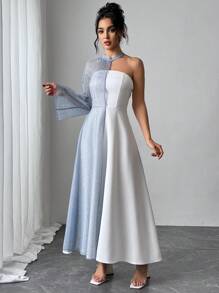 SHEIN Privé Light Blue And White,Autumn,Elegant,Formal Women's Mesh Overlay Single Bell-Sleeve Strapless A-Line Dress Luxurious New Year Party Date - Blue and White - View 3