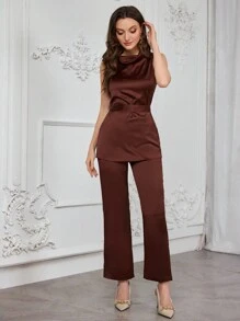 Modelyn 2pcs Women Solid Color Deep V-Neck Sleeveless Blouse And Flare Pants Set, Elegant 2 Pieces Set - Brown - View 4