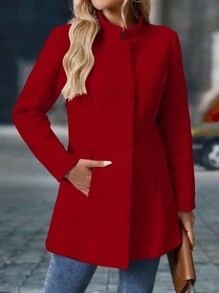 EMERY ROSE Women's Thick Casual Stand Collar Mid-Length Long Sleeve Coat, For Autumn & Winter Fall Cloth For Women - Red - View 3